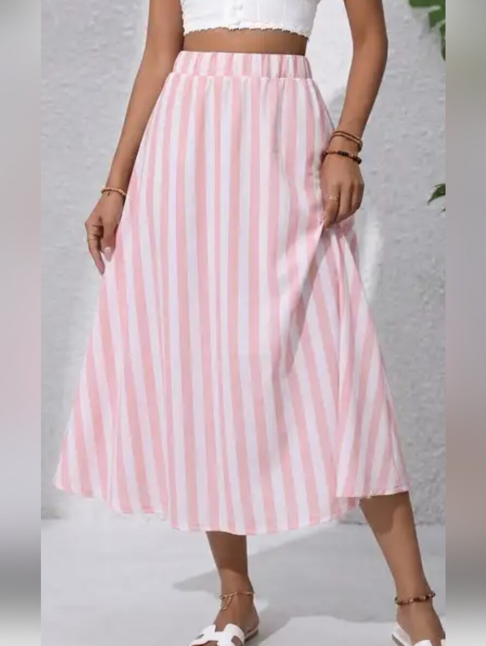 NWT 2X Lightweight White Pink Striped Elastized Waist Midi Maxi Skirt